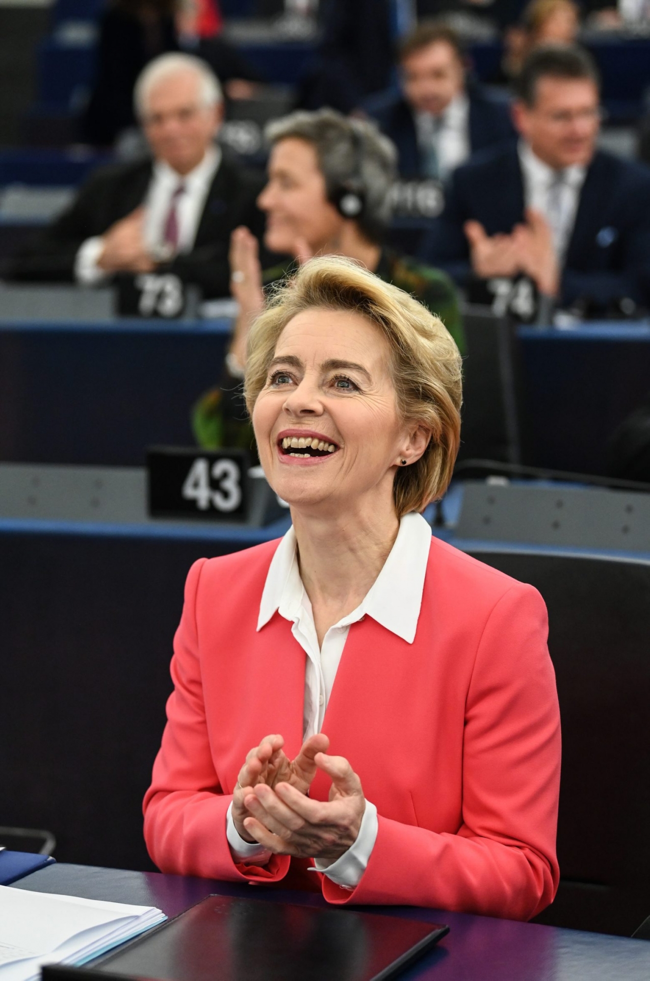 epa08028762 European Commission President Ursula von der Leyen reacts before the vote of Members of the European Parliament on her college of commissioners at the European Parliament in Strasbourg, France, 27 November 2019.  EPA/PATRICK SEEGER EUROPEAN PARLIAMENT FRANCE STRASBOURG