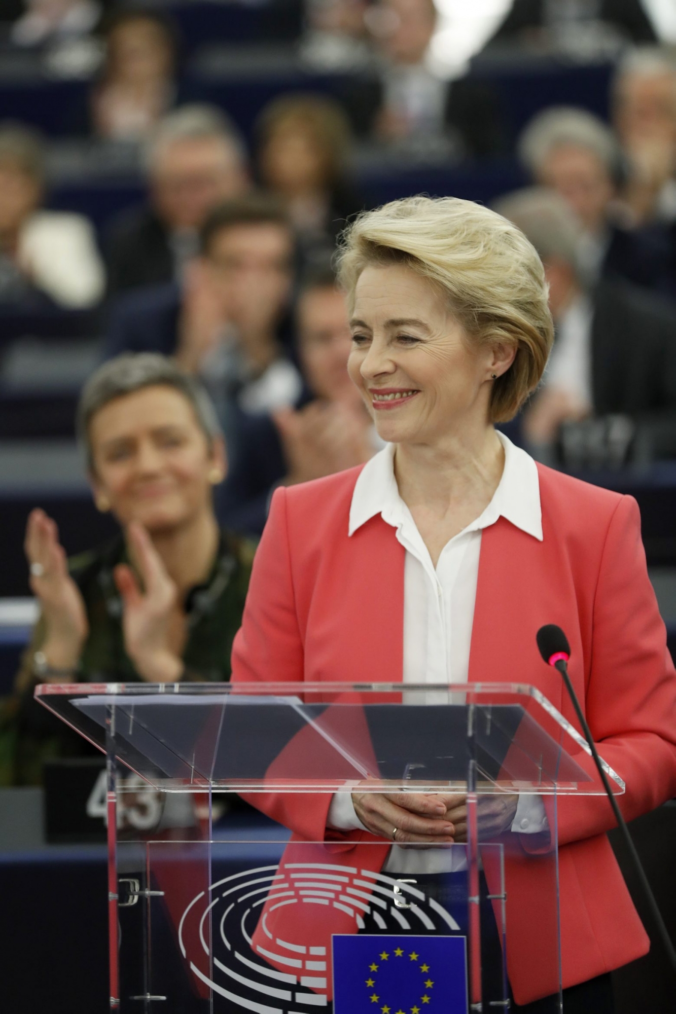 European Commission President Ursula von der Leyen delivers her speech at the European Parliament Wednesday, Nov. 27, 2019 in Strasbourg, eastern France. Ursula von der Leyen, will present her team of Commissioners-designate to the European Parliament and discuss the new Commission's objectives with MEPs (AP Photo/Jean-Francois Badias) France EU