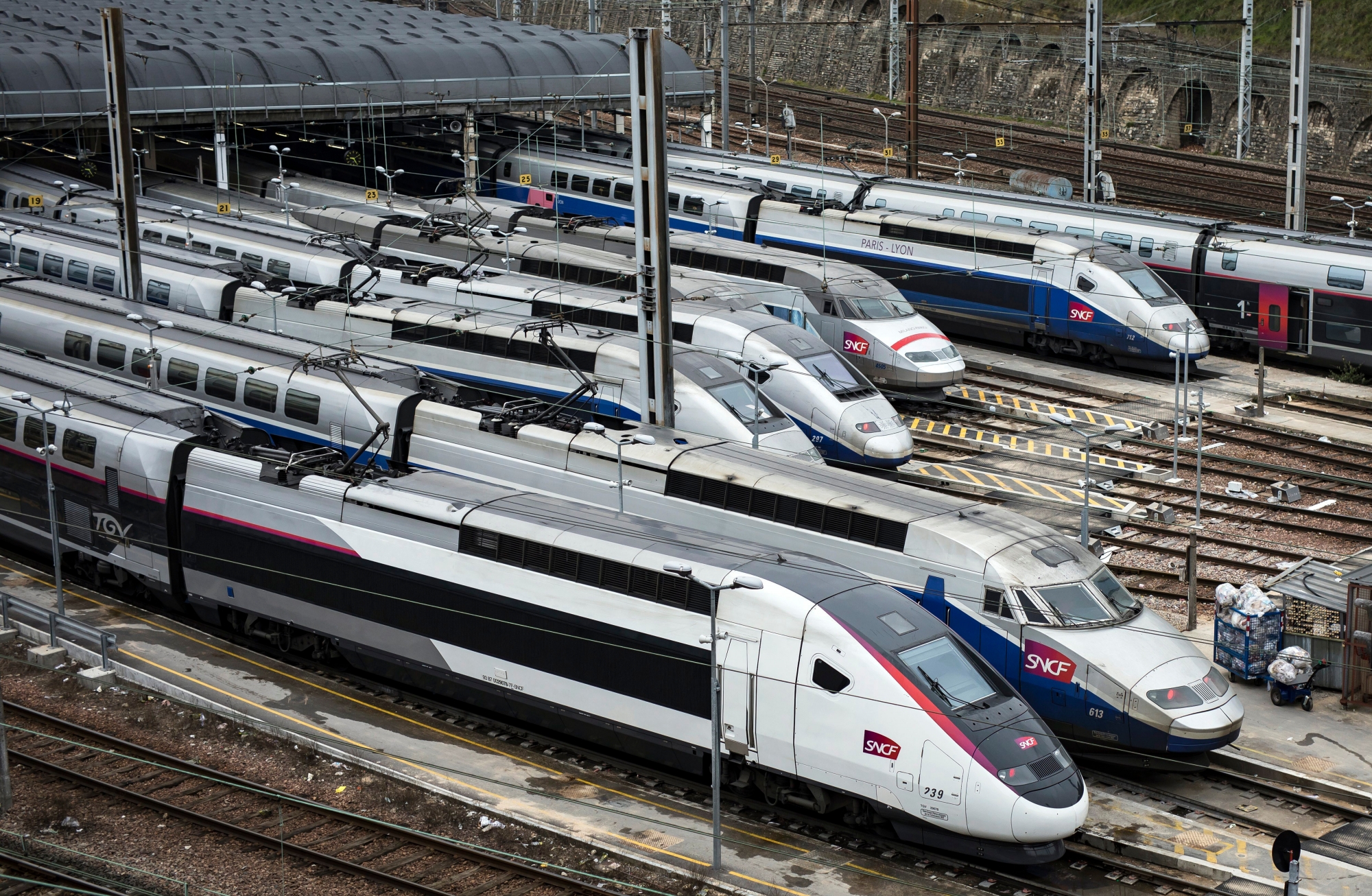 epa06619826 French TGV trains sit in the train depot of France's national rail network SNCF in Charenton-le-pont, during a nation-wide strike day affecting public transport, namely SNCF train travel, outside Paris, France, 22 March 2018. A national strike day was called by public sector workers and labor unions to defend labor rights and pensions.  EPA/IAN LANGSDON FRANCE TRANSPORT STRIKE