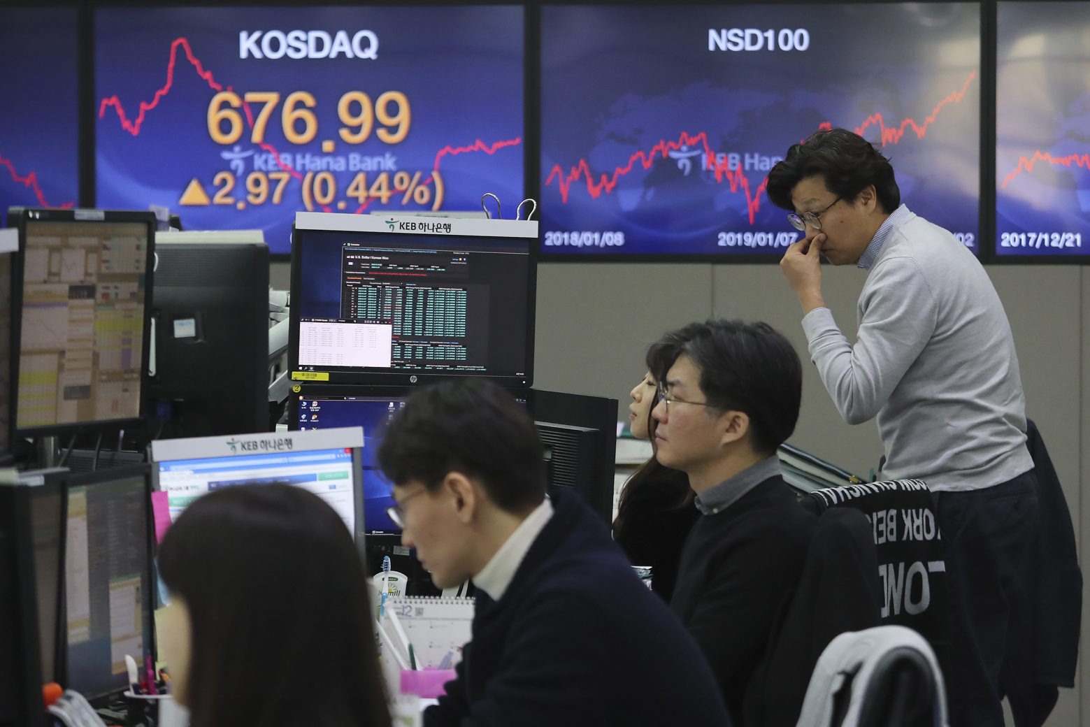 Currency traders watch monitors at the foreign exchange dealing room of the KEB Hana Bank headquarters in Seoul, South Korea, Friday, Jan. 3, 2020. Asian stocks were mixed Friday and oil prices surged after an Iranian general was killed by U.S. forces in Iraq. (AP Photo/Ahn Young-joon) South Korea Financial Markets