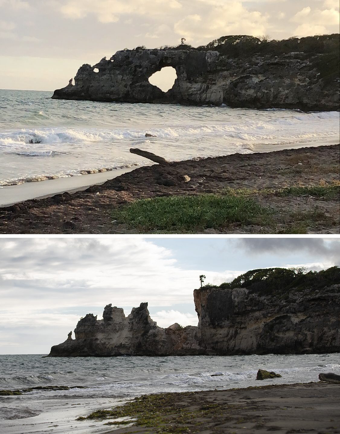 This combo of two photos shows "Punta Ventana," or Window Point, in Guayanilla, Puerto Rico on Jan. 27, 2019, top, before it fell, and after it fell on Jan. 6, 2020 due to an earthquake. (Edgar Gracia Portello via AP, top, and AP Photo by Jorge A Ramirez Portela, bottom) Puerto Rico Earthquake