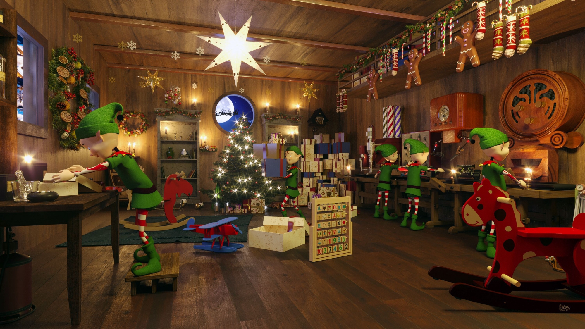 Les petits lutins sont affairés dans l'atelier du Père Noël.