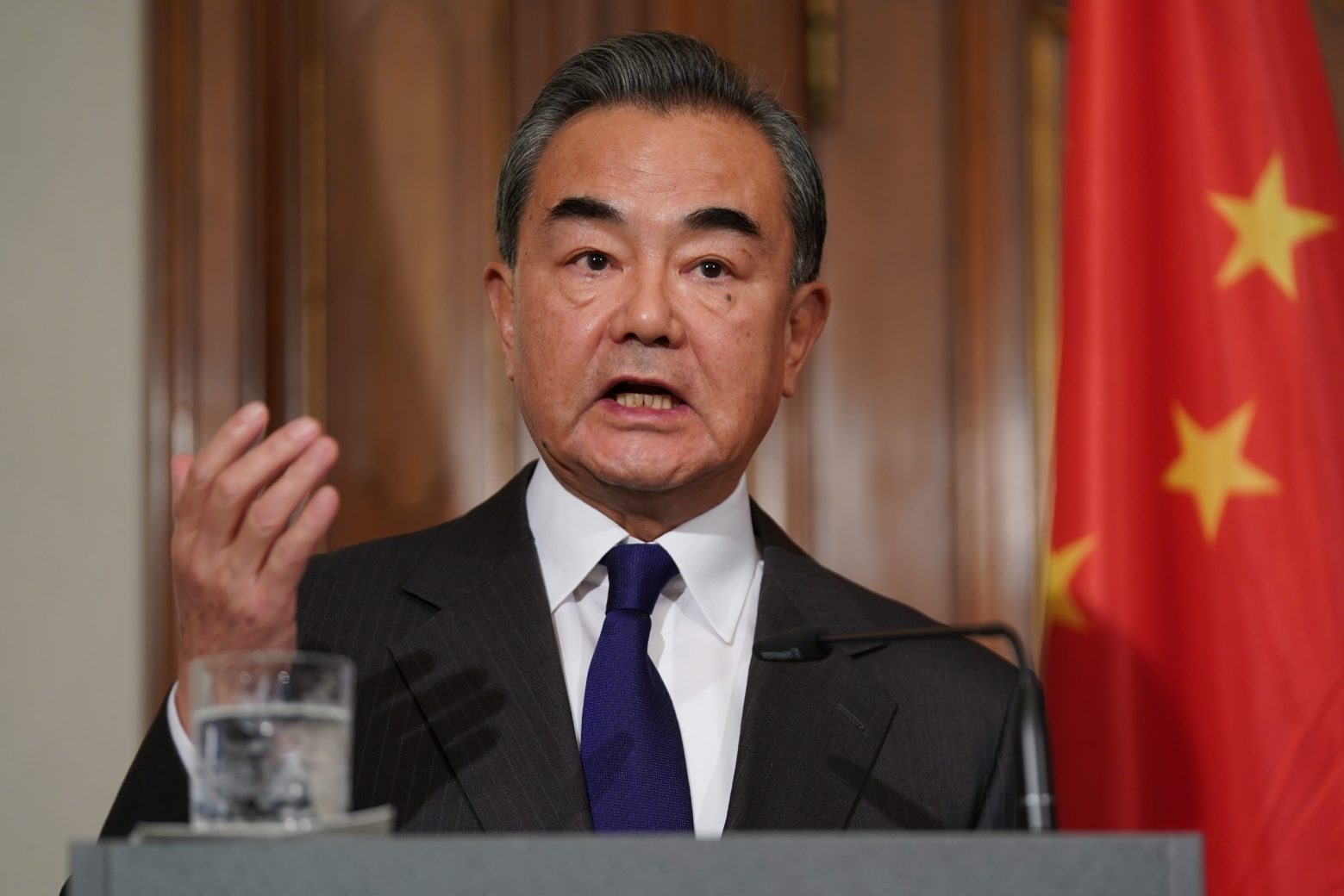 epa08216011 Foreign Minister of the People's Republic of China Wang Yi attends a joint press statement at the Villa Borsig in Berlin, Germany, 13 February 2020. Chinese Foreign Minister visits the German capital prior to attending Munich Security Conference.  EPA/HAYOUNG JEON GERMANY CHINA DIPLOMACY