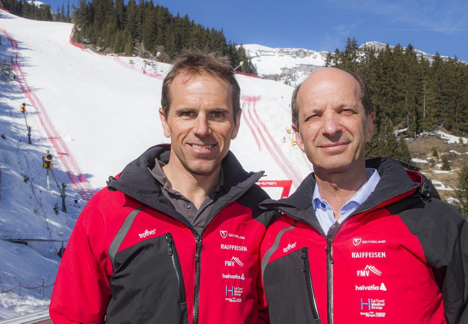 Didier Plaschy, codirecteur de Ski Valais et Beat Rieder, futur président, dans l'aire d'arrivée du Mont Lachaux à Crans-Montana.