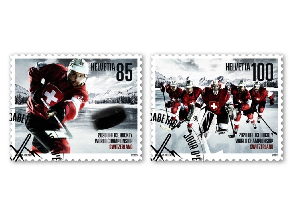 La Poste a émis deux timbres à l'occasion des championnats du monde de hockey sur glace qui se déroulent du 8 au 24 mai en Suisse.