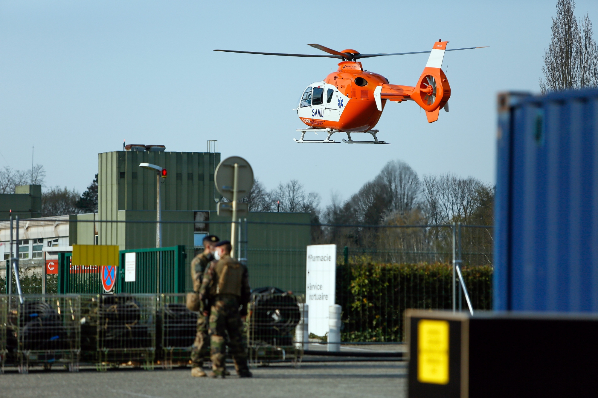 epa08322720 A medical helicopter takes off from the Emile Muller hospital in Mulhouse, eastern France, 25 March 2020, on the tenth day of a strict lockdown in France to stop the spread of COVID-19. EPA/CUGNOT MATHIEU / POOL FRANCE POLITICS HEALTH COVID19 CORONAVIRUS