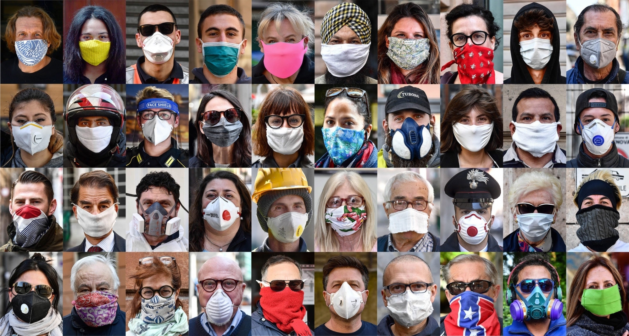 epa08366268 A combo picture shows citizens of Genoa wearing different types of protective masks during the coronavirus pandemic in Genoa, Italy, 16 April 2020. Countries around the world are taking measures to stem the widespread of the SARS-CoV-2 coronavirus which causes the Covid-19 disease. EPA/LUCA ZENNARO