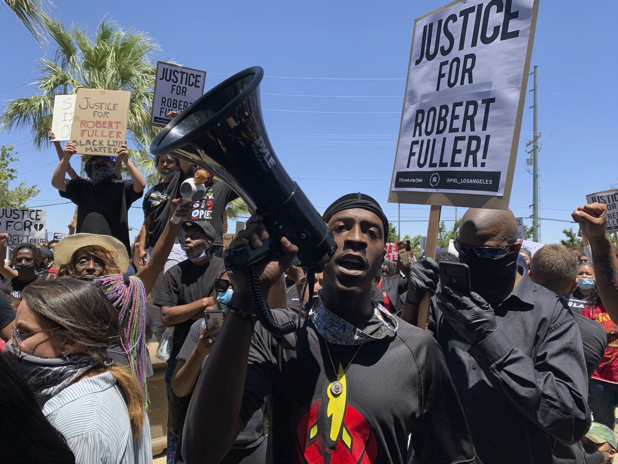 Demonstrators gather Saturday, June 13, 2020, in front of City Hall in Palmdale, Calif. People marched to demand an investigation into the death of 24-year-old Robert Fuller, who was found hanging from a tree early Wednesday near City Hall. (Josie Huang/KPCC/LAist via AP)
ArcInfo