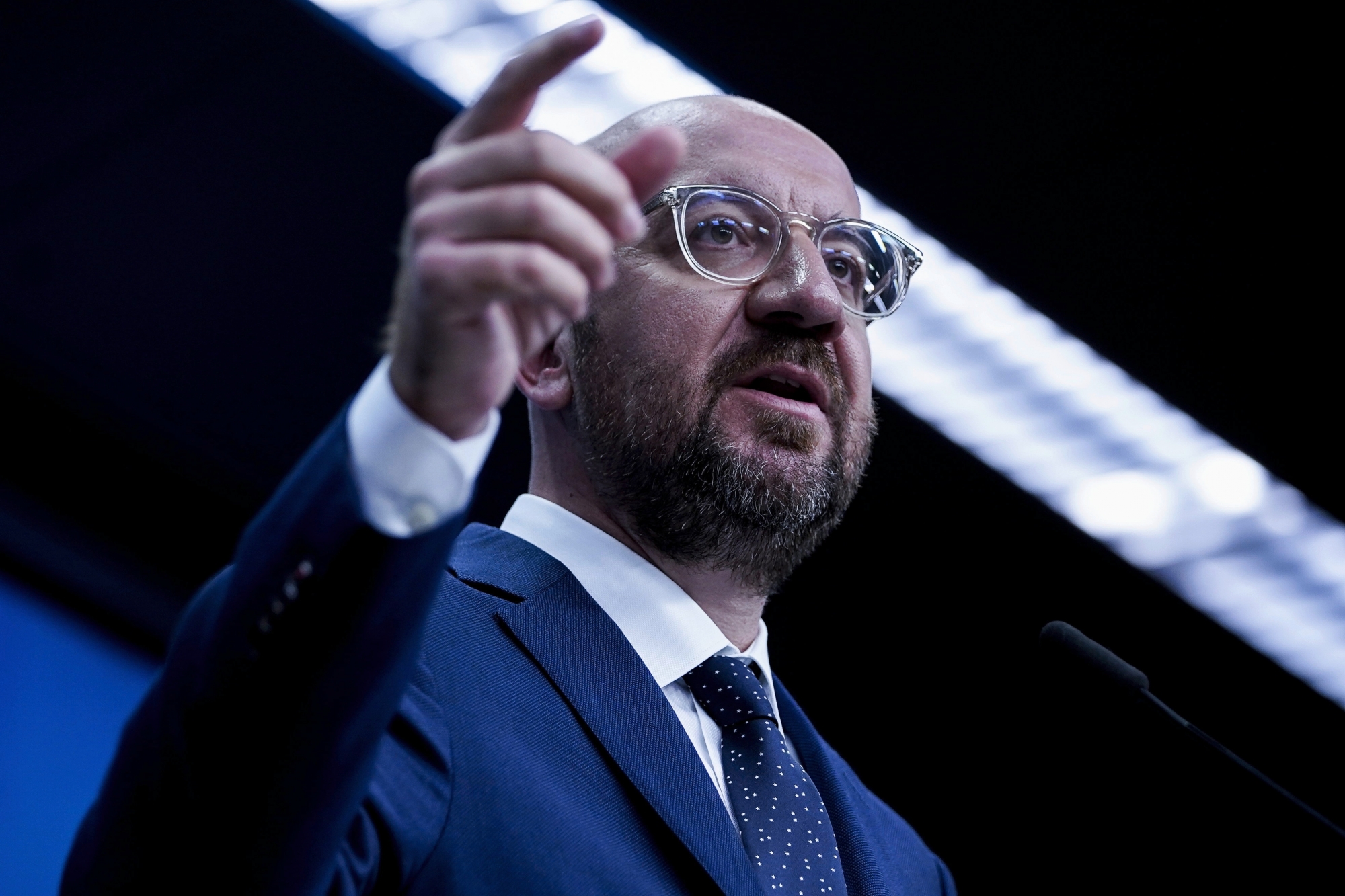 European Council President Charles Michel speaks during a media conference at the European Council building in Brussels, Friday, July 10, 2020. European Council President Charles Michel presented updated proposals for the EU's long-term budget and post-coronavirus recovery plan ahead of a summit next week in Brussels where heads of state and government leaders will try to agree on a compromise. (Kenzo Tribouillard, Pool Photo via AP) ArcInfo