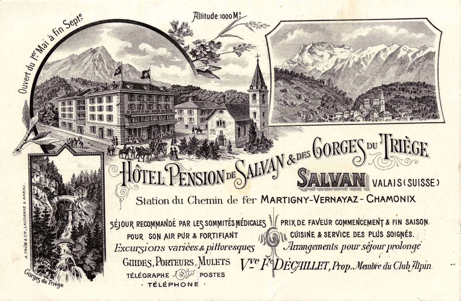 Une carte publicitaire de l’hôtel des Gorges du Triège pour la station dite climatérique de Salvan,  dans les années 1900.