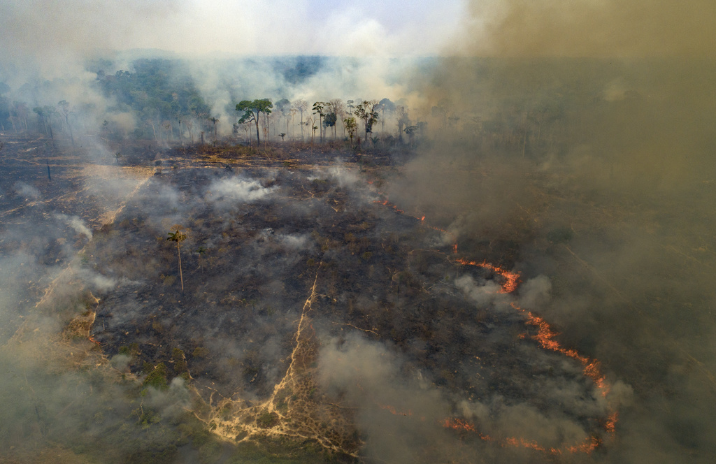 Les incendies, parfois volontaires pour agrandir la surface de terres arables, ravagent l'Amazonie, plus grande forêt de la planète, comme ici près de Novo Progresso, dans l'état du Pará au Brésil, le 23 août dernier.